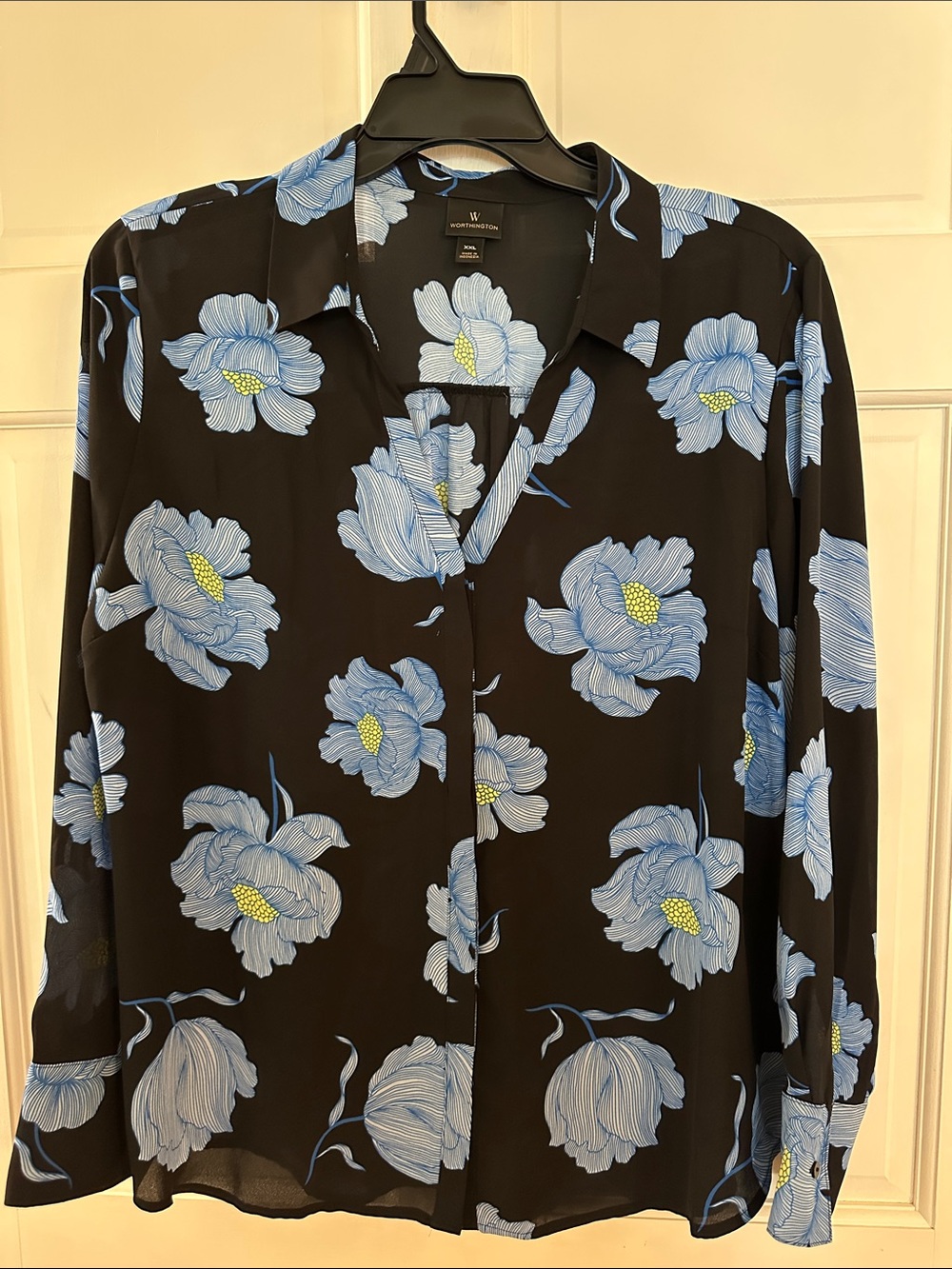 Worthington Black Blouse with Blue Floral Print